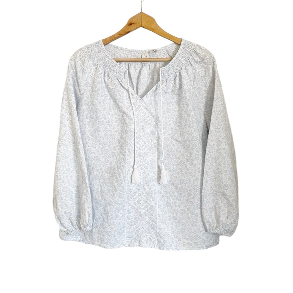 Joie Linen Cotton Light Blue Floral Embroidered Boho Peasant Blouse Size M